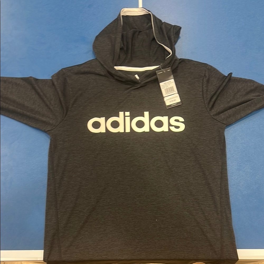 Adidas Kids Large 14/16 Dri Fit Performance Charcoal Thin Hoodie with White Logo